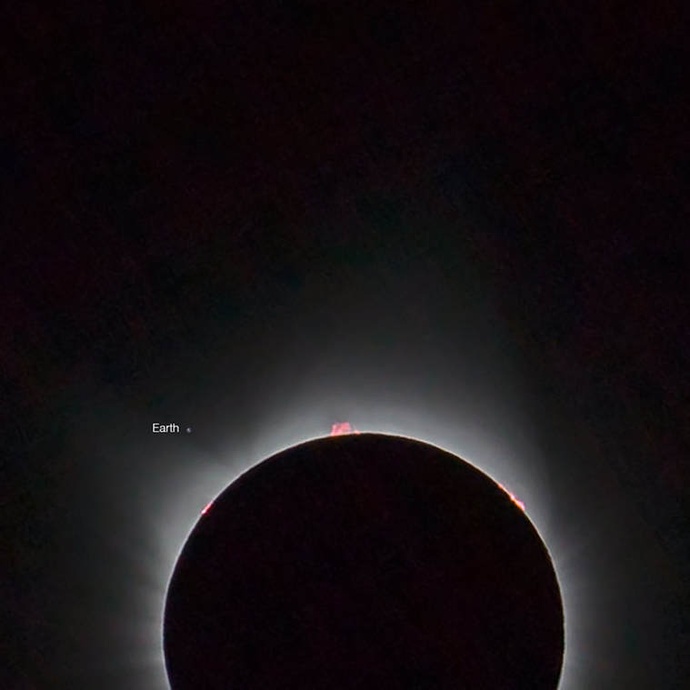 Totality close-up with solar prominences and Earth shown for scale